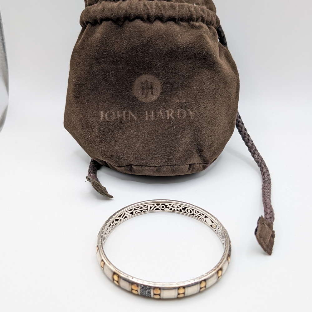 John Hardy Silver and 18kt Gold Dot Bangle Bracelet With Black Sapphires - Picture 6 of 9